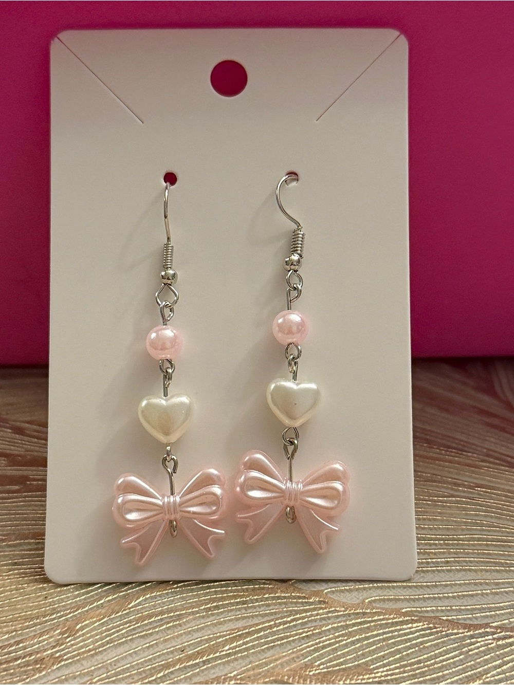 Handmade Pink Bow & Heart Drop Earrings - Women Jewelry